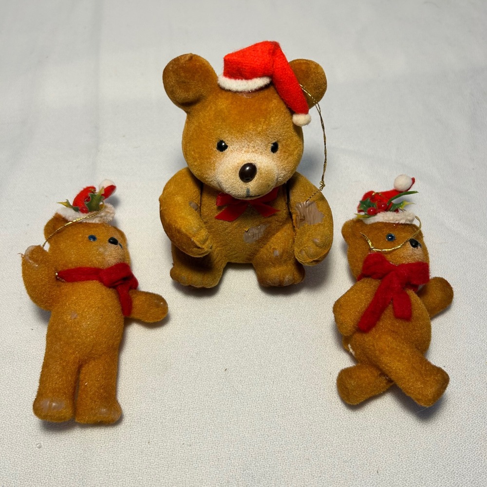 Set of 3 Flocked Teddy Bear Christmas Ornaments Red Santa Hats Scarves